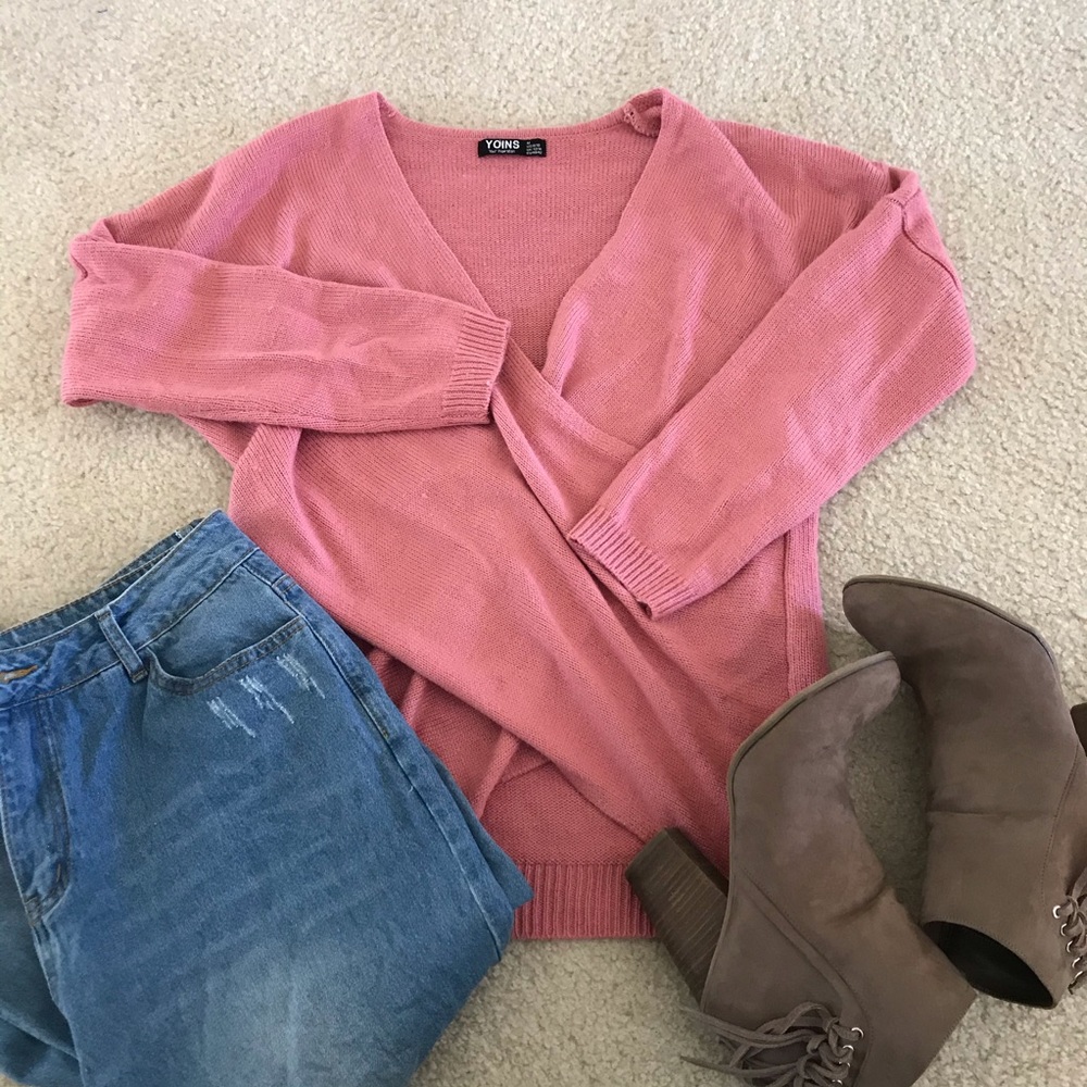 Yoins Pink Wrap Sweater